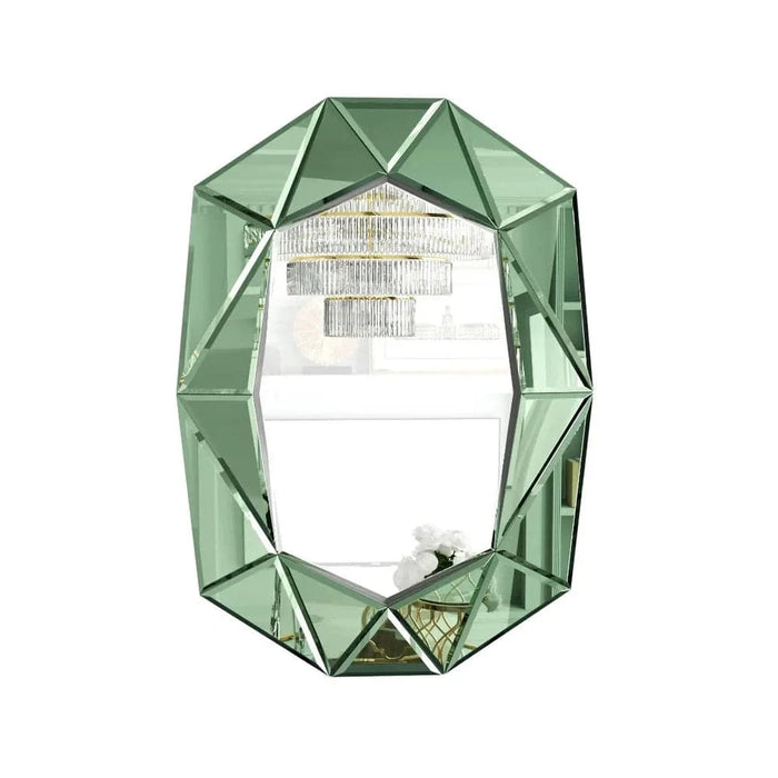 Asymmetrical, decorative wall mirror in green with beveled edge frame