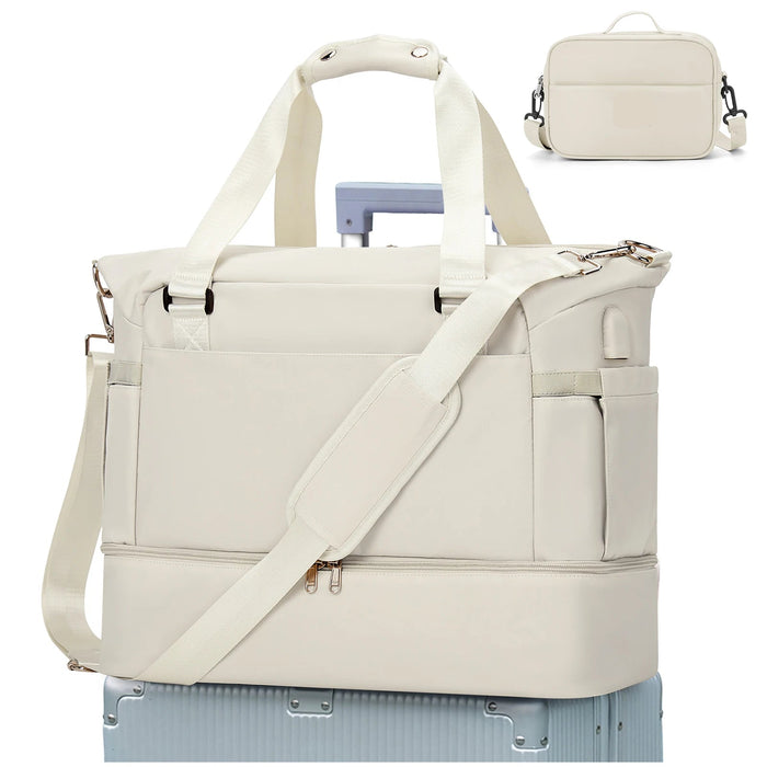 Waterproof beige crossbody bag with spacious compartments, ideal for travel
