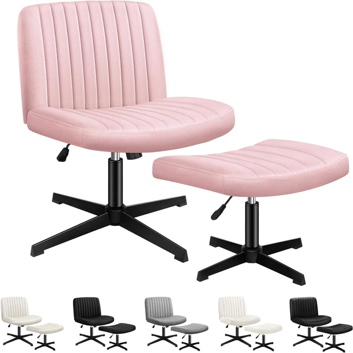 Armless Velvet Desk Chair with Ottoman Ergonomic Cross-Leg Base & Adjustable Tilt