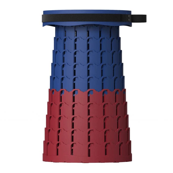 Collapsible Telescopic Camping Stool in Blue & Red, perfect for outdoor activities such as camping, fishing, and beach trips