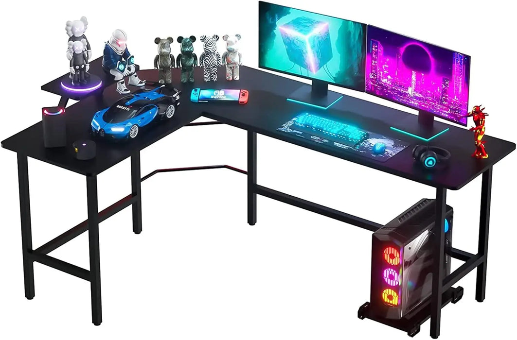 Black L-Shaped Corner Desk Wood & Metal Workstation with Monitor Shelf and Tower Stand