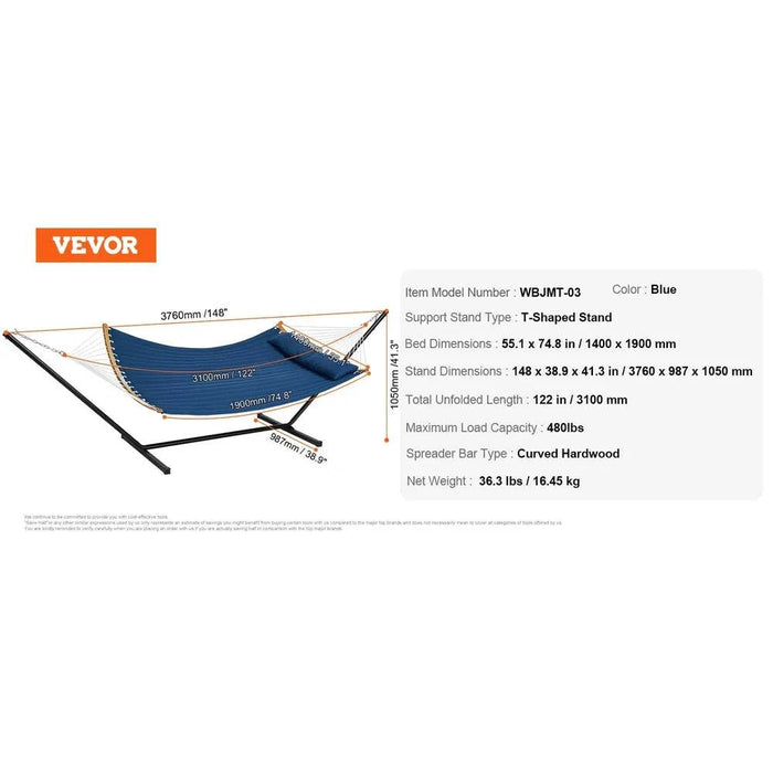 Blue Double Hammock with Stand, 200g Quilted Cotton and Polyester Material, 190 x 140 cm Bed Size, 218 kg Weight Capacity, and T-Shaped Steel Stand