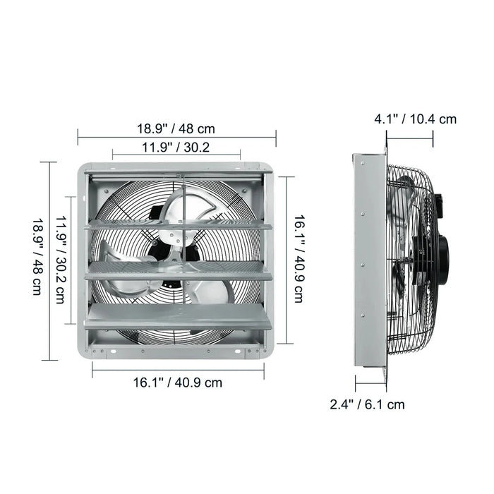 Wall mount shutter exhaust fan with aluminum construction and 30-inch AC motor cooling feature