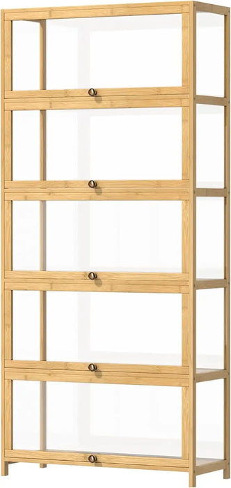Bamboo Display Cabinet with Clear Door Panels 5 Shelves, Hallway & Living Room Storage