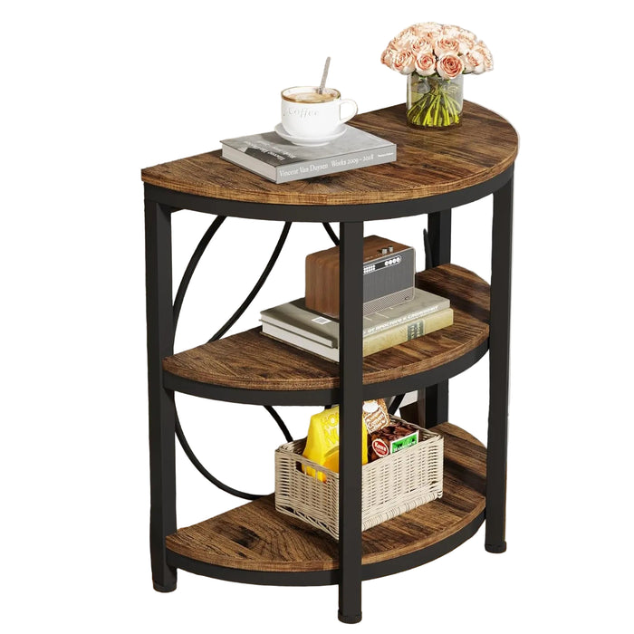 Half Moon Side Table with Shelves Compact Rustic Brown & Black End Table for Small Spaces