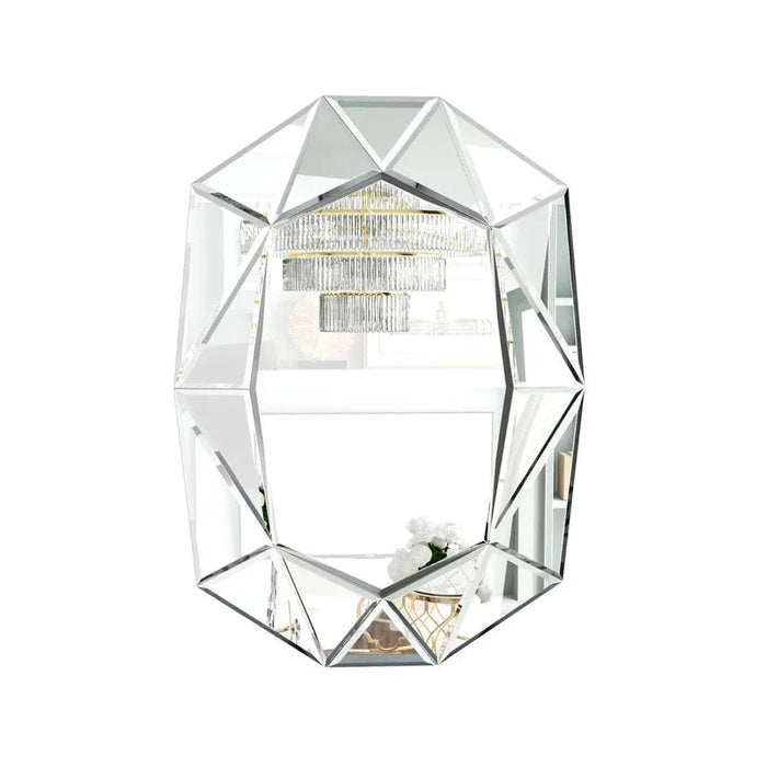Decorative modern wall mirror with a polished silver finish and beveled edges
