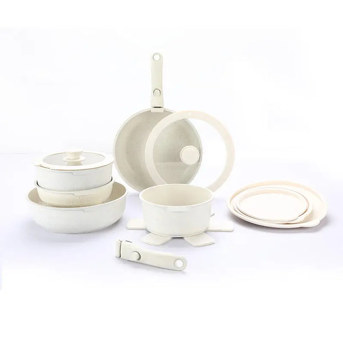 White Die-Cast Aluminum Cookware Set featuring non-stick, induction safe, scratch-resistant, heat-resistant handles, and durable design