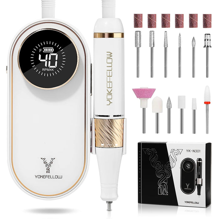 Package includes Nail Drill Machine, Handpiece, Nail Drill Bits, Sanding Bands, USB-C Charging Cable, and User Manual