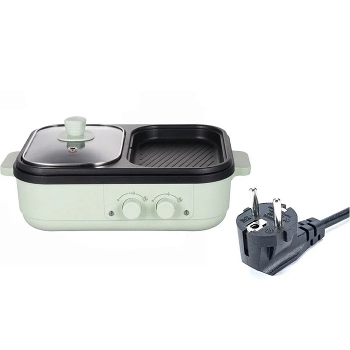Electric Hot Pot 220V Non-Stick Multi-Function Cooker Green with Dual Compartments for Cooking and Boiling