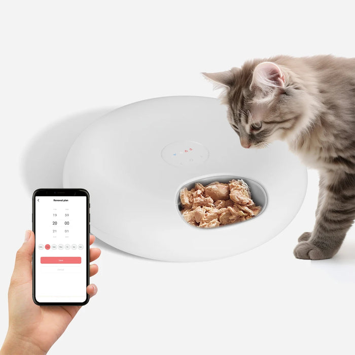 WiFi-enabled pet feeder with programmable feeding times and portion control