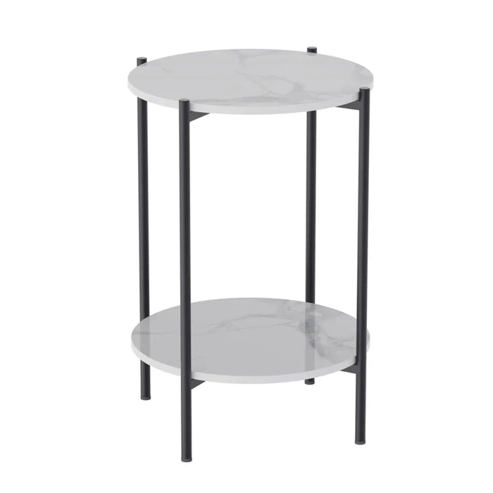 2-Tier Round Coffee Table with Sintered Stone Top and Black Metal Frame