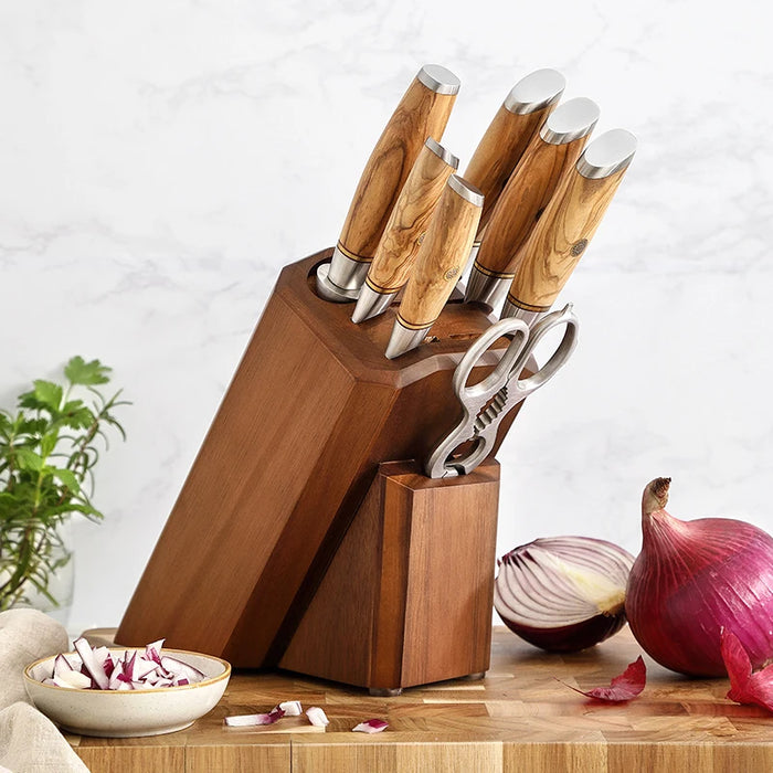 8-Hole Acacia Wood Knife Storage Organizer for Kitchen