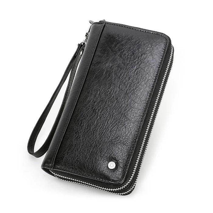 Men's Leather Wallet Black Long Clutch with Double Zipper and Card Holder designed for daily, travel, and business use, with a sleek and stylish finish