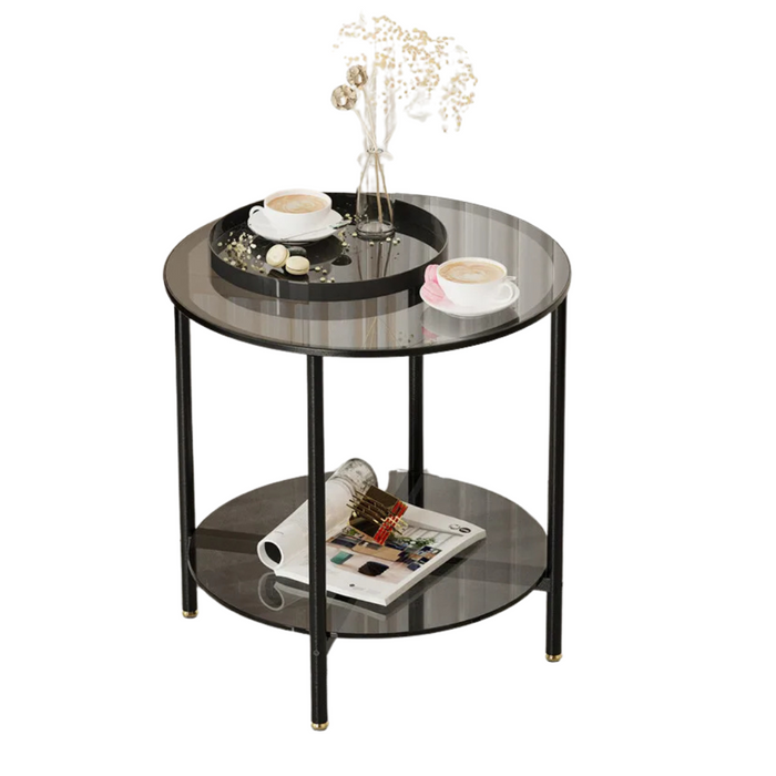 Round Tempered Glass Coffee Table with 2-Tier Storage in Living Room or Office