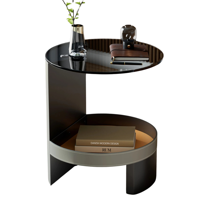 2-Tier Side Table with Tempered Glass Top and Saddle Leather Shelf in Gray and Orange