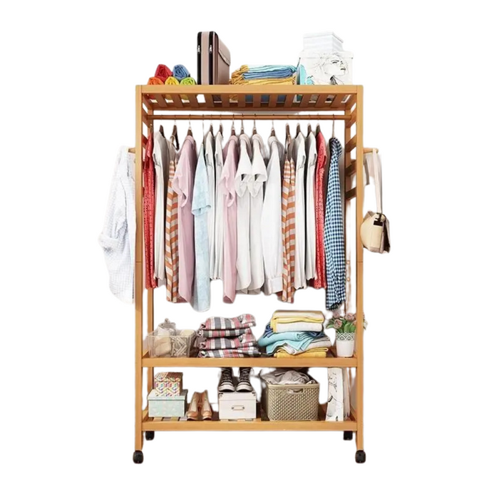Heavy Duty Rolling Clothes Rack with Shelves in Khaki holding clothing and shoes
