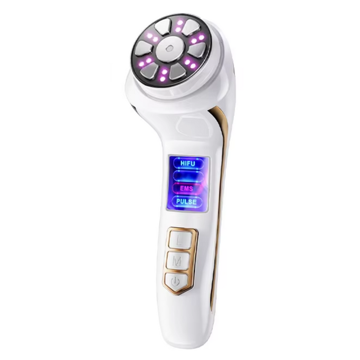 Close-up of Mini HIFU Ultrasound EMS Facial Massager for Skin Tightening, Wrinkle Removal & Lifting in action