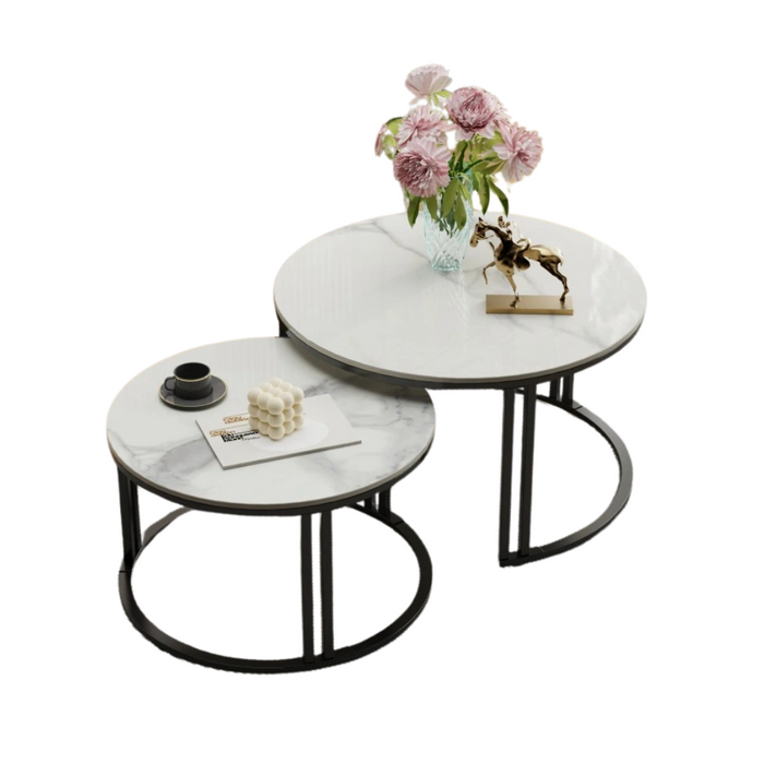 Set of 2 round white marble nesting coffee tables for small living rooms