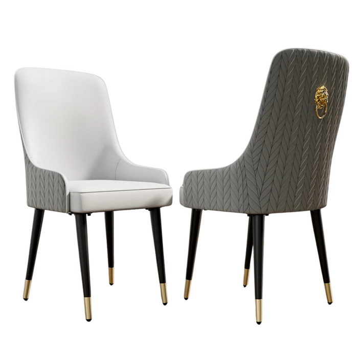 Dining Chair Set of 2 in Grey Microfiber Leather with Lion Knocker for Kitchen or Restaurant