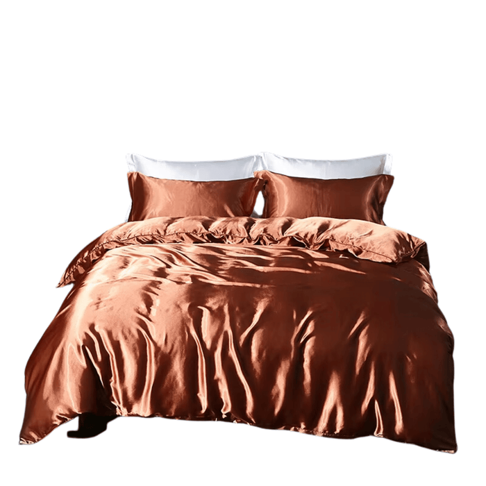 Luxury Satin Bedding Set with Fitted Sheet - High-Density Solid Color Duvet Cover and Pillowcases (Light coffee - 1.8m plus 4pcs) - FLUXA