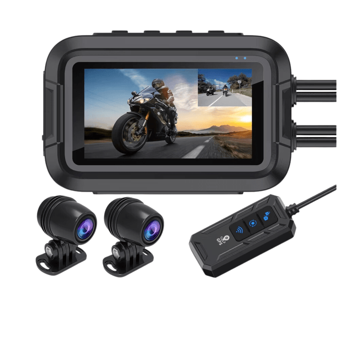 Full HD dual 1080P motorcycle DVR system with front and rear cameras recording in 1080P at 30fps