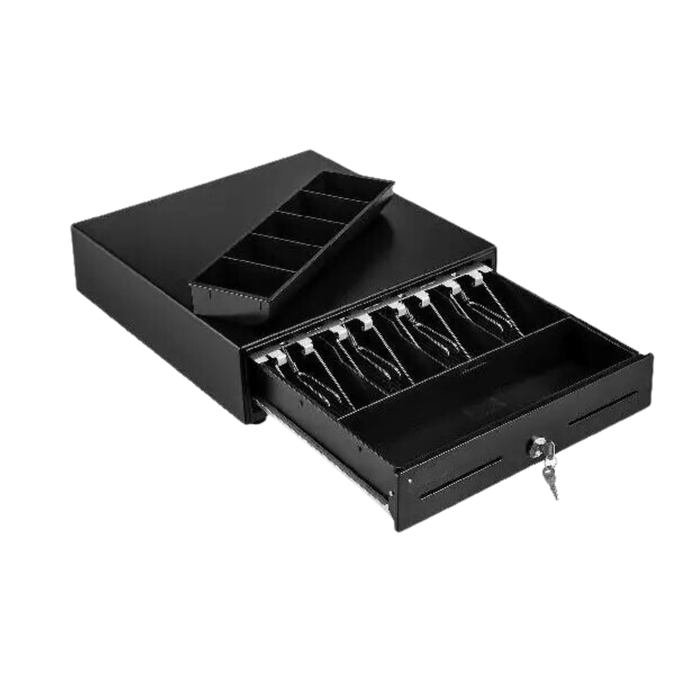 Heavy Duty SPCC Steel and ABS Plastic Cash Register Drawer with 4 Bill and 5 Coin Compartments, 2 Unlocking Ways, Compact Size, and Versatile Use