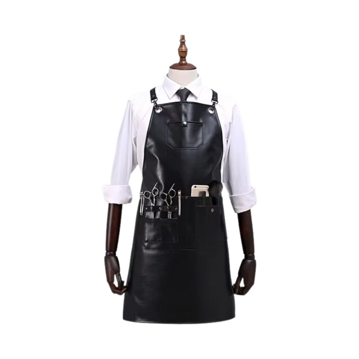 Barbershop apron PU leather crossback black waterproof salon bistro uniform with multiple pockets for easy organisation of tools and essentials