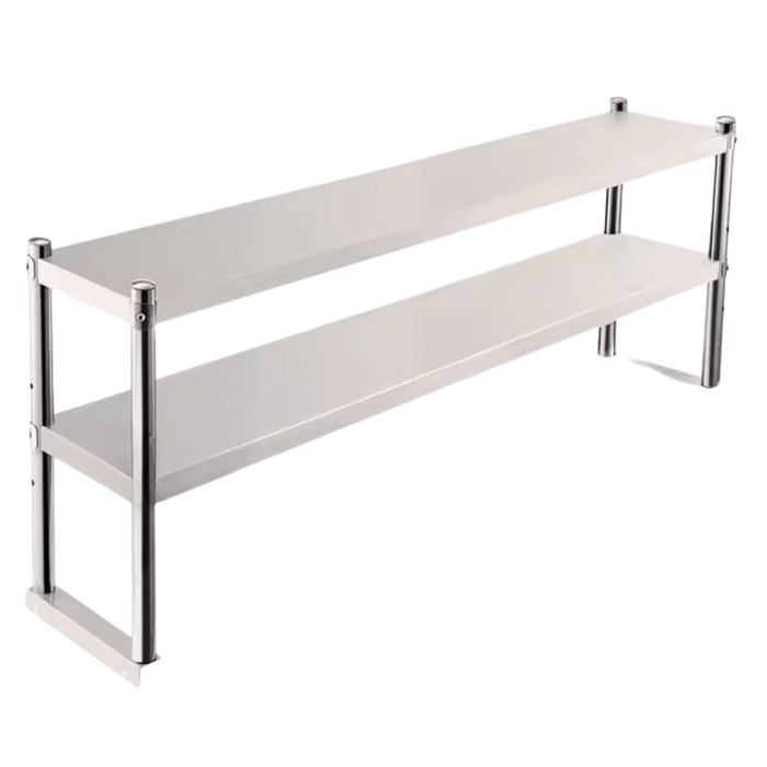 Stainless steel work table with double overshelf, perfect for kitchens