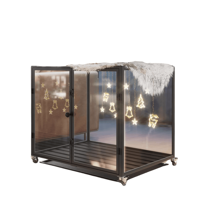Heavy-duty dog crate with transparent tempered glass and aluminum frame