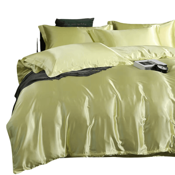 Luxury Satin Bedding Set with Fitted Sheet - High-Density Solid Color Duvet Cover and Pillowcases (Light yellow - 1.8m 4pcs) - FLUXA