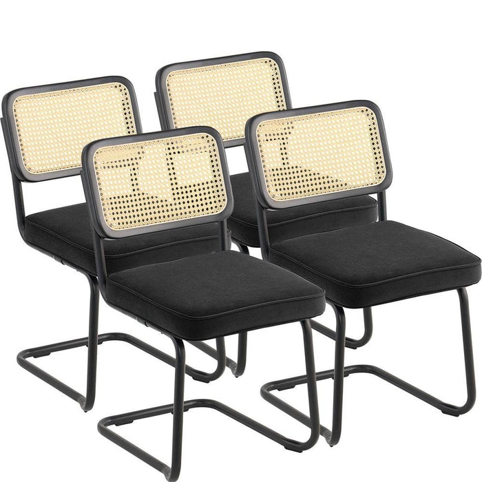 Mid-Century Modern Rattan Dining Chair Velvet Upholstered Accent for Living Room Bedroom Office (Black 4pcs)