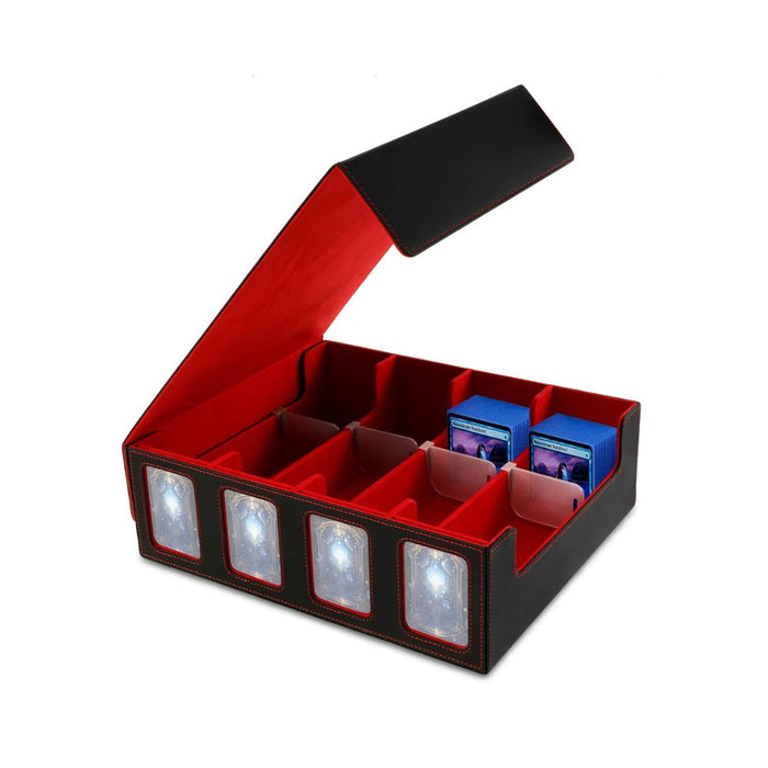 Premium PU leather black and red trading card storage box with magnetic closure and viewing windows