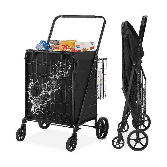 Folding Shopping Cart with Removable Waterproof Liner and 360° Swivel Wheels (150 kg Capacity) front view with waterproof liner attached and filled with groceries