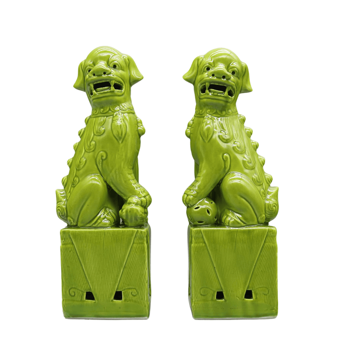 Pair of Foo Dogs Ceramic Guardian Lions in Apple Green, Symbolic Protector Sculptures for Feng Shui and Harmony