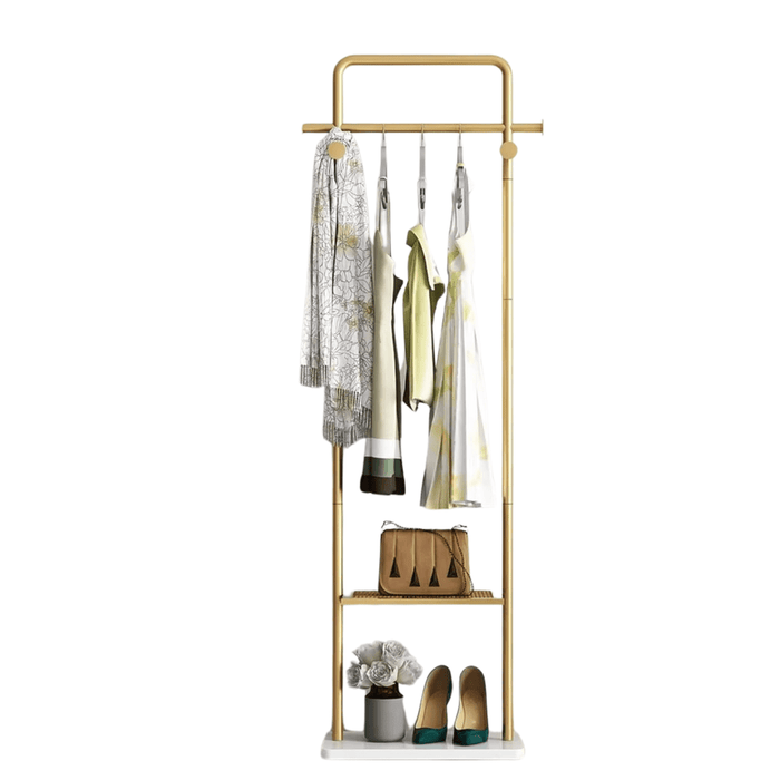 Gold clothing rack with granite stone base for modern bedrooms and hotels