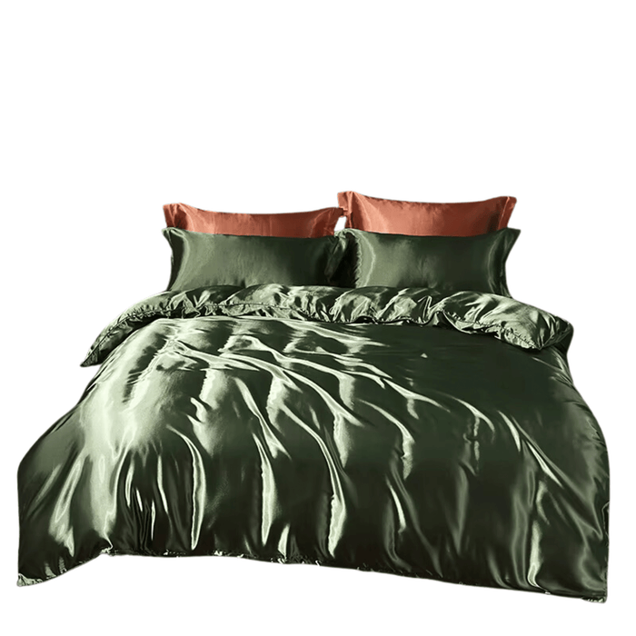 Luxury army green satin bedding set with fitted sheet and pillowcases