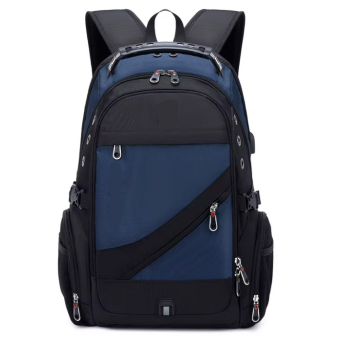 Waterproof navy blue laptop backpack with USB port for travel and school