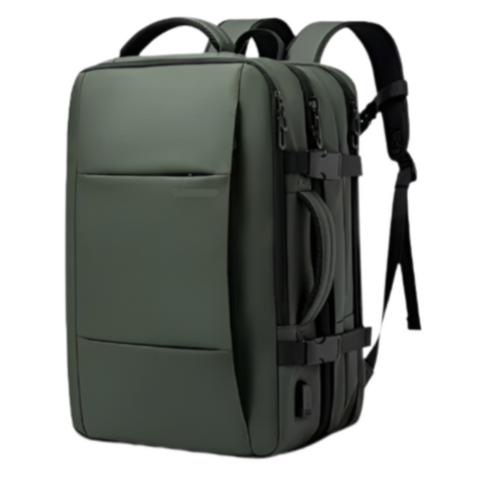 Expandable waterproof business travel backpack in green with USB charging port