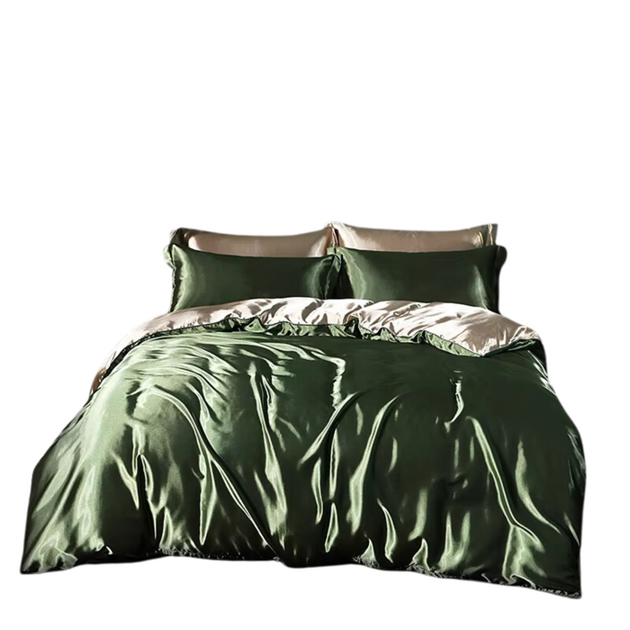 Luxury satin bedding set in army green gold color with duvet cover, fitted sheet, and pillowcases