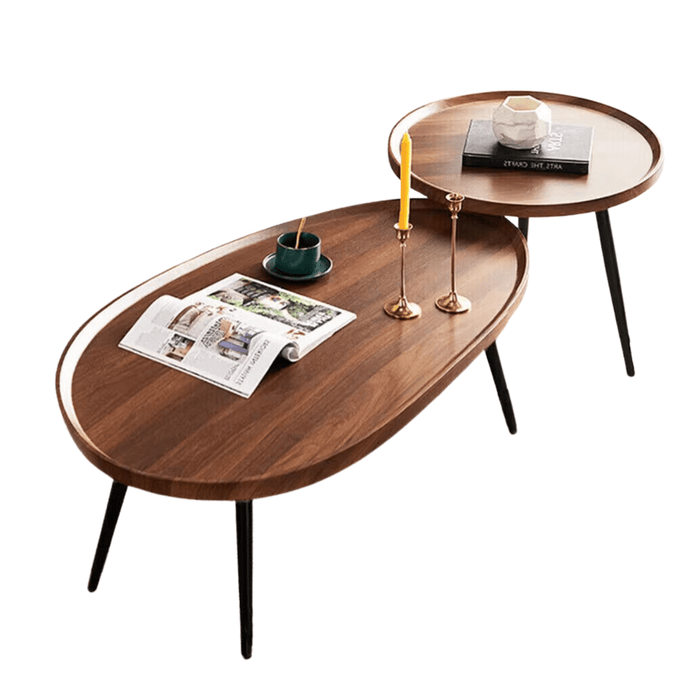 Irregular Living Room Coffee Table Set 2-in-1 Wooden End Table (Oval) walnut wood and black finish