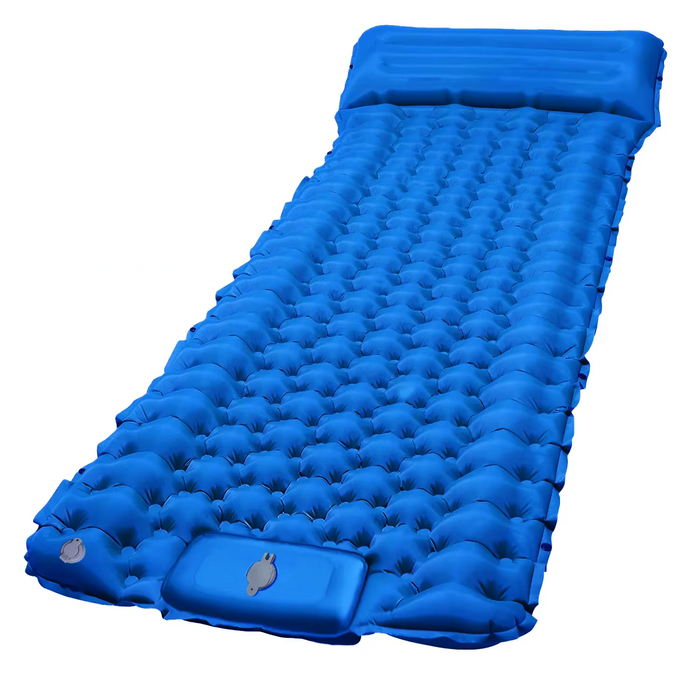 Ultralight inflatable sleeping pad with integrated pillow and V-shape body-mapping design
