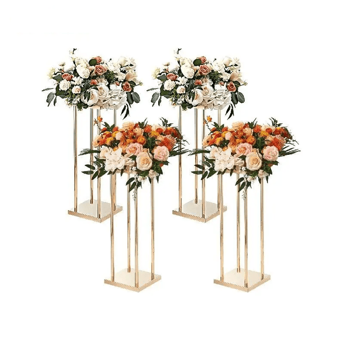 Elegant gold metal column flower stand with classic columnar cube design