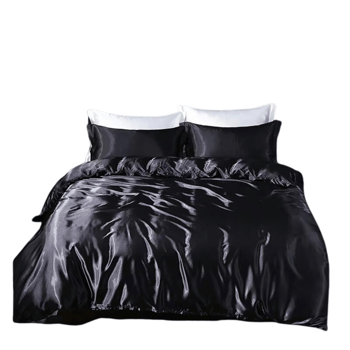 Luxury black satin bedding set with high-density duvet cover and pillowcases