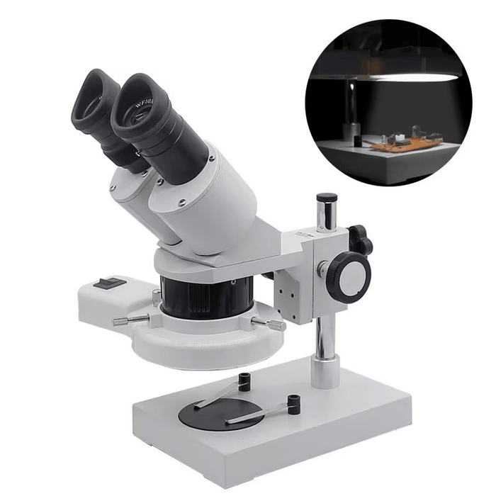 Stereo microscope 10X 20X with ring light for precise PCB inspection and soldering repair