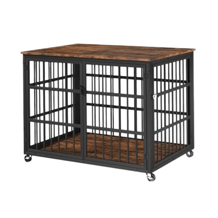 Medium dog crate with three doors, available in White + Walnut Wood or Black + Dark Walnut Wood