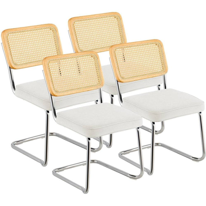 Mid-century modern rattan dining chair with white velvet upholstery