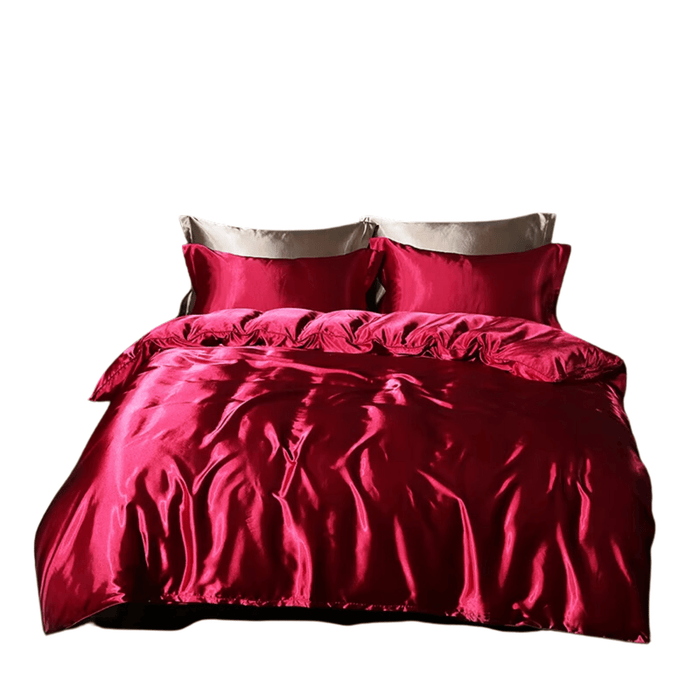 Luxury satin bedding set in wine red, 18m size, with duvet cover, fitted sheet, and pillowcases