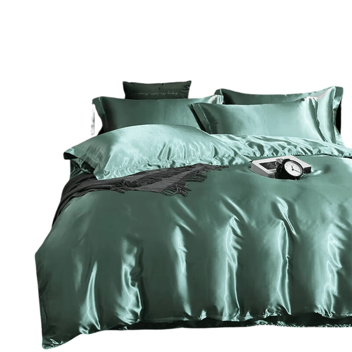 Green luxury satin bedding set with fitted sheet, duvet cover, pillowcases