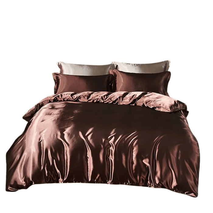 Luxury satin bedding set with dark coffee duvet cover and pillowcases