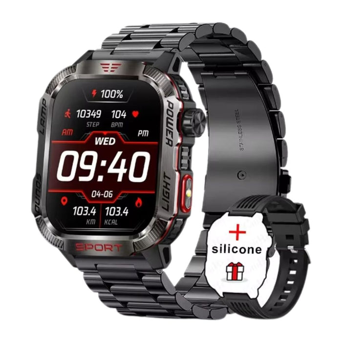 Waterproof Outdoor Smartwatch with Compass & Bluetooth Call – Black Steel
